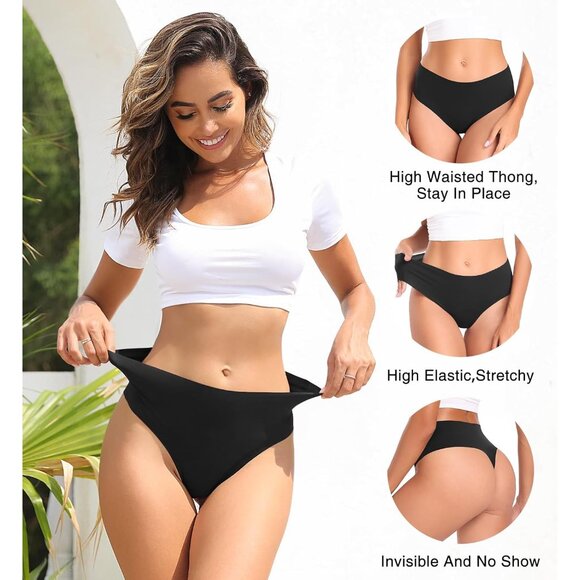 Women's Seamless High Waist Thongs 6 Pack Breathable No Show Panties - Picture 2 of 4